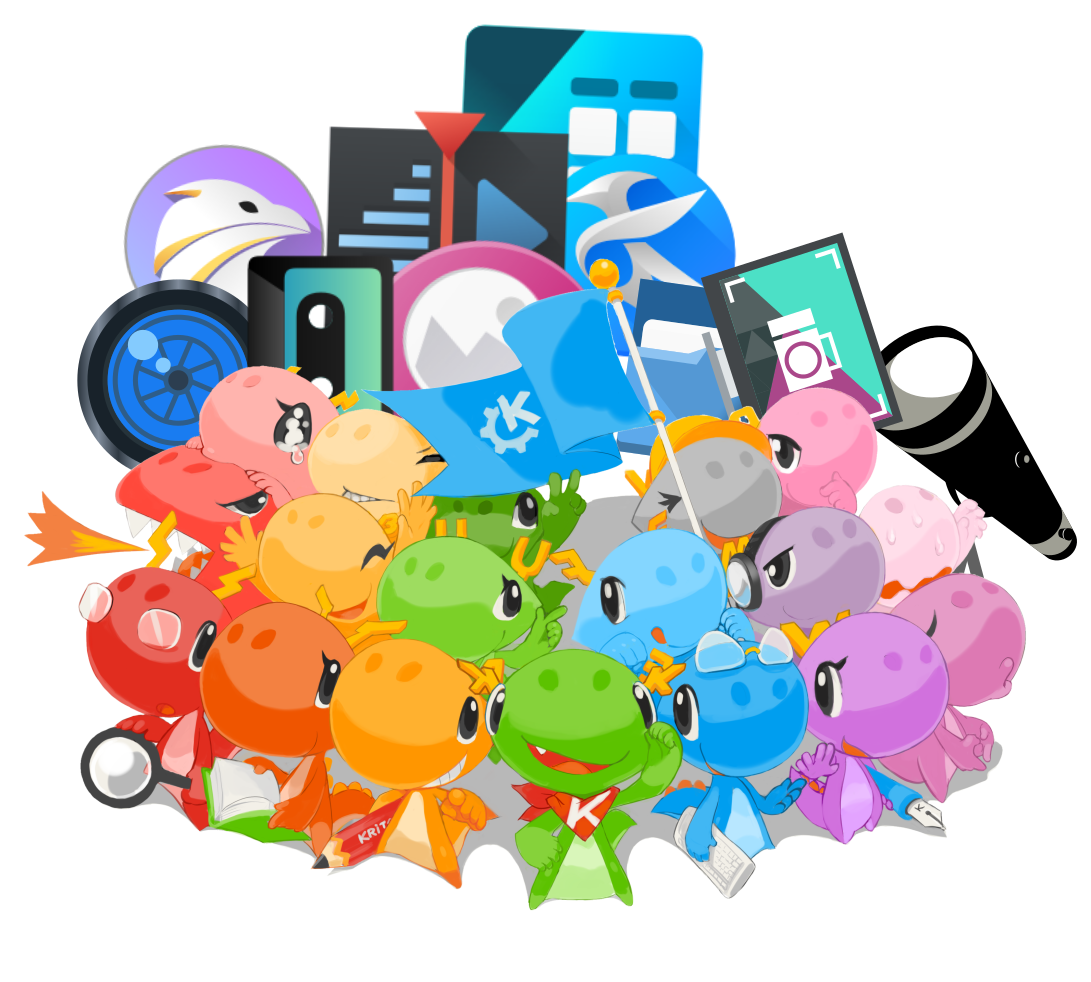 A pile of multi-colored dragons carrying the icons of KDE apps