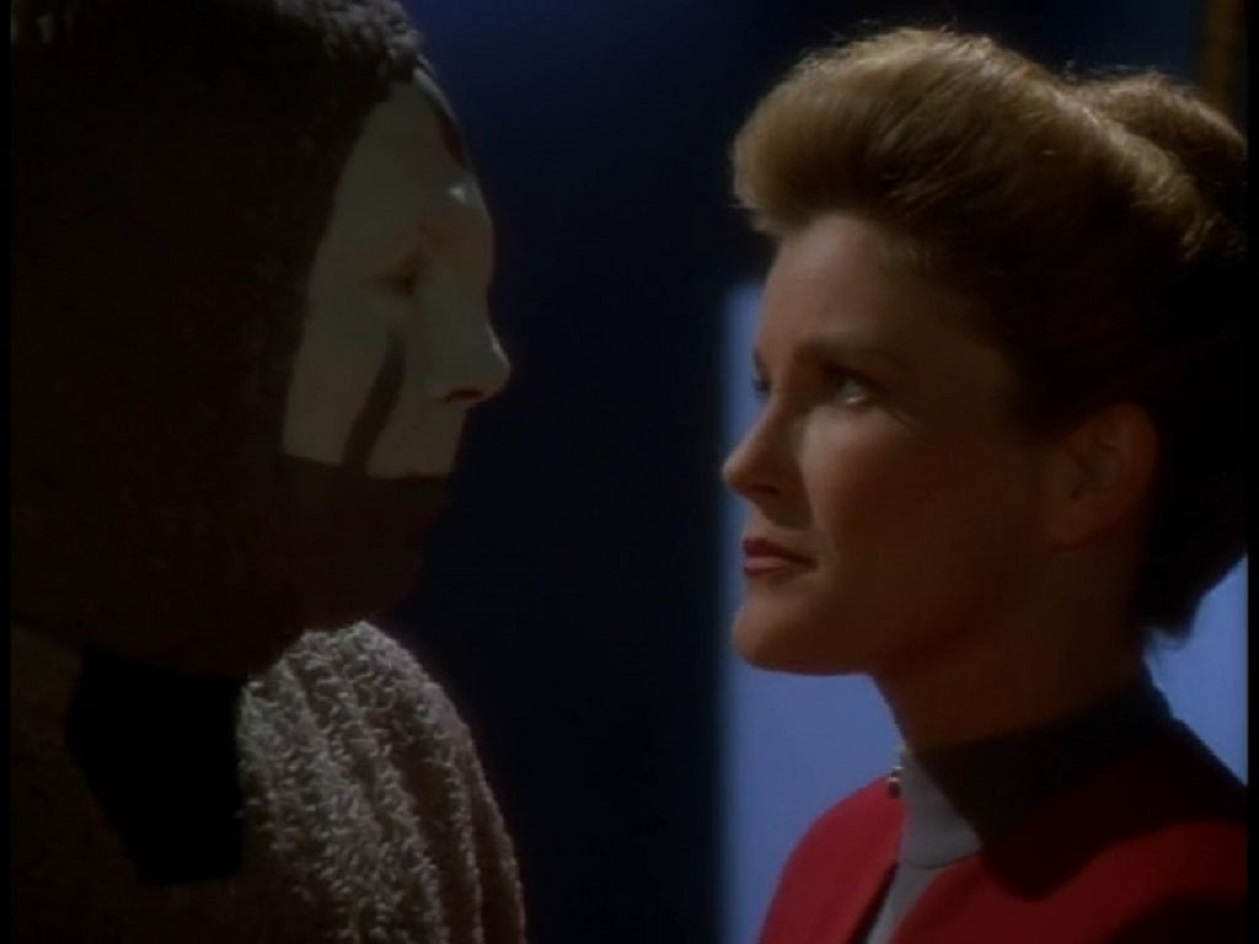 A hologram of Janeway confronts the embodiment of fear.