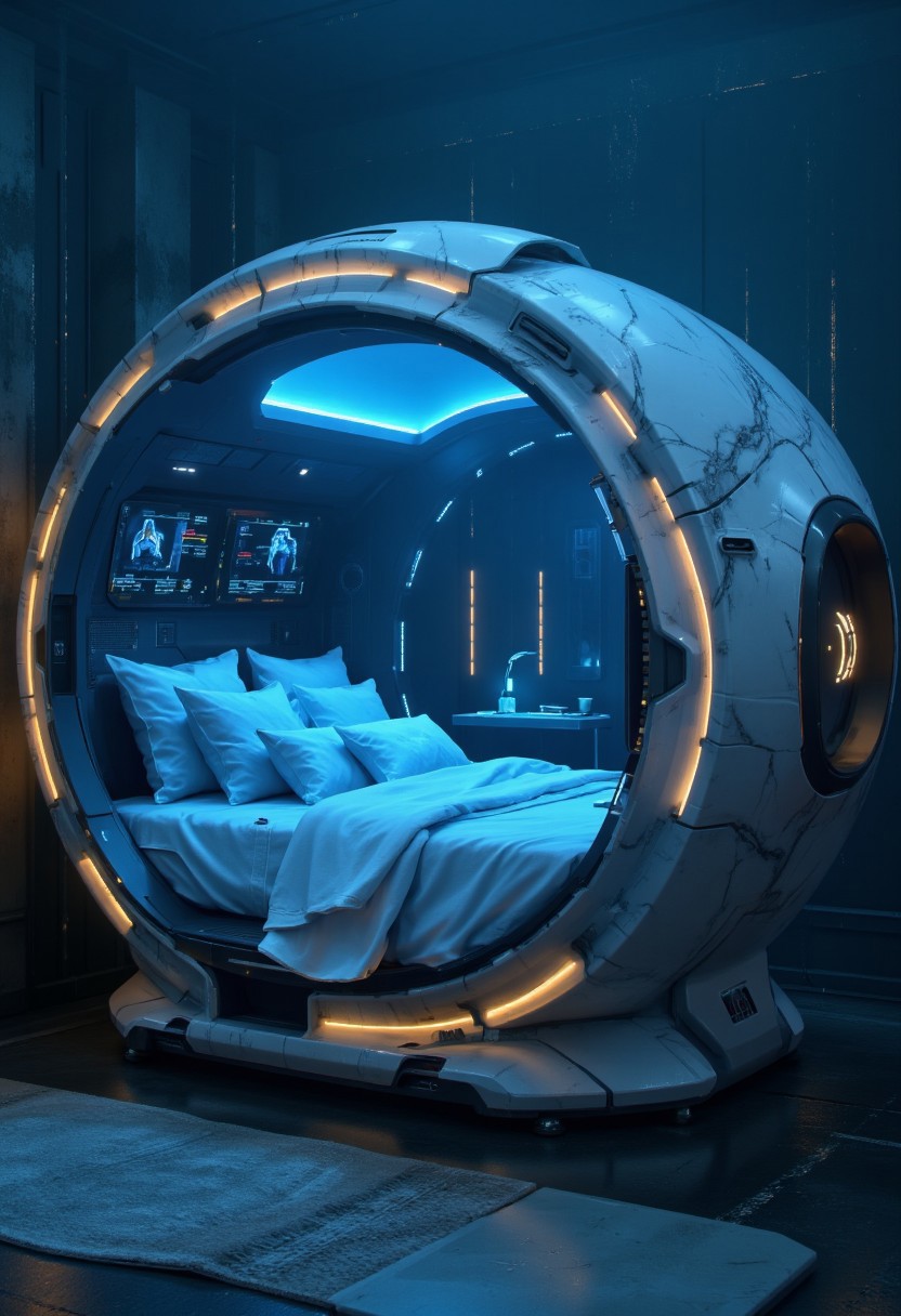 A futuristic, high-tech sleeping pod with a circular design. The pod features a comfortable bed with multiple pillows and a blanket, illuminated by soft blue lighting. Inside the pod, there are two screens displaying data, suggesting a monitoring function. The setting appears to be a modern, possibly sci-fi environment with sleek, metallic walls and advanced technology. The pod itself has a marble-like exterior with integrated lighting, adding to the advanced and sophisticated appearance.