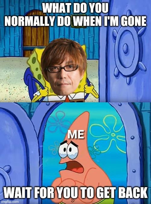 Yoshi-P: What do you normally do when I'm gone

Me: Wait for you to get back

Spongebob meme