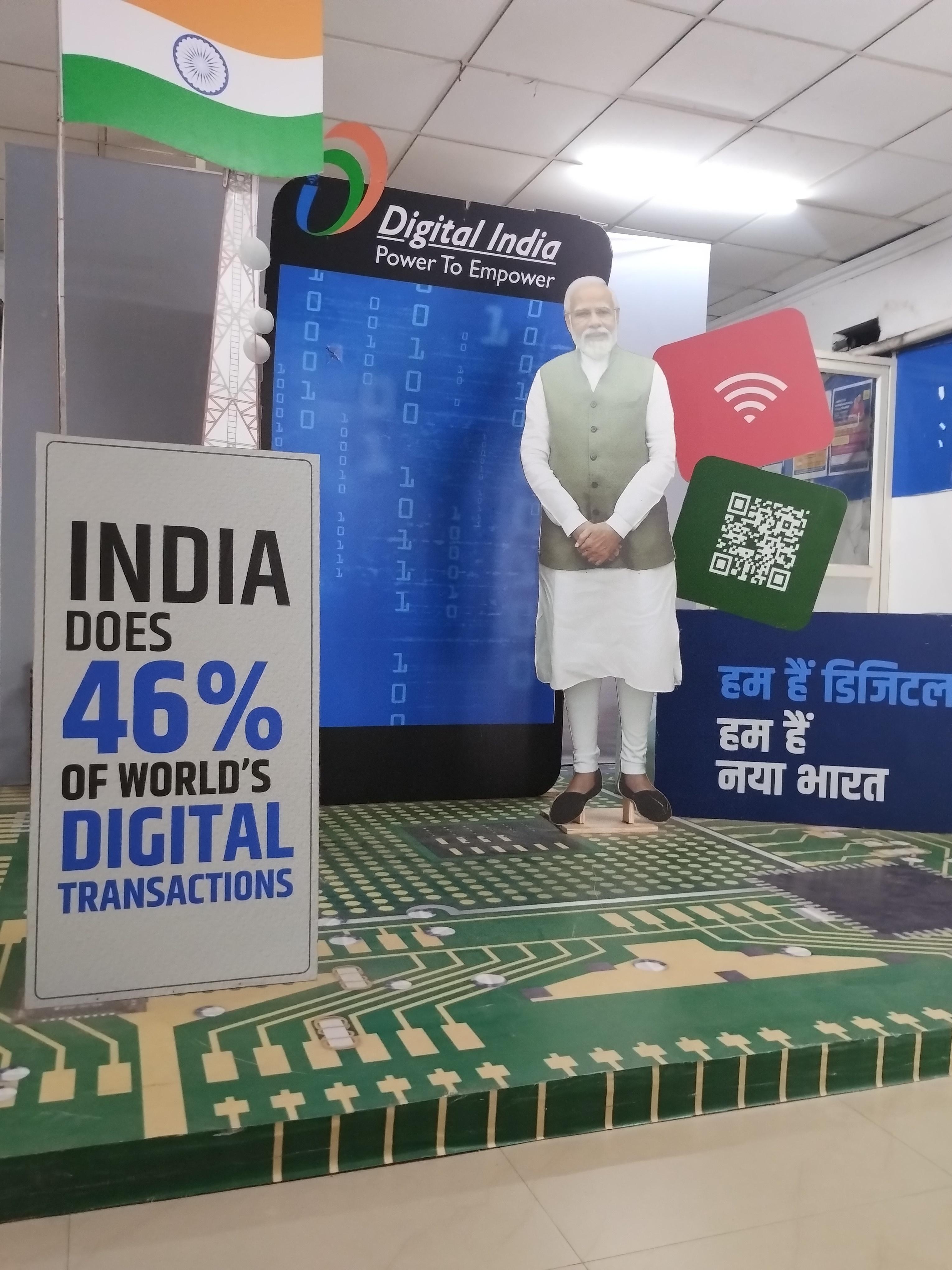 An unused selfie point with a life size cutout of prime minister Narendra Modi taking up the space of what used to be the waiting area in a government building