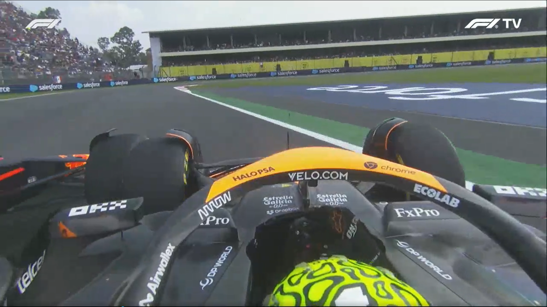 Onboard from Lando in turn 4 of the 10th lap of the 2024 Mexico GP being forced wide by Max.