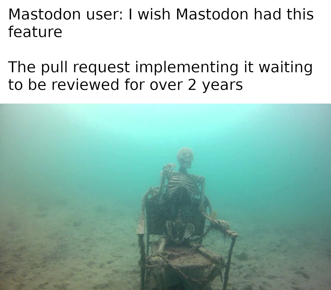 A Picture of an aged skeleton in a chair under water captions with "Mastodon user: I wish Mastodon has this feature. The pull request implementing it waiting to be reviewed for over 2 years"