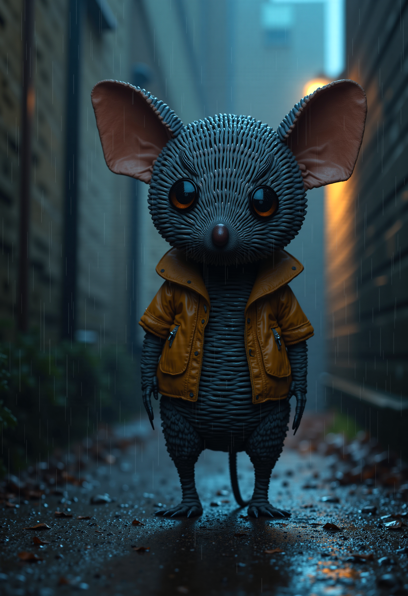 An anthropomorphic wicker mouse standing in a narrow, dimly lit alleyway. The mouse has large, expressive eyes and is wearing a yellow coat with pockets and buttons. The ground is wet, and there are raindrops still falling. 