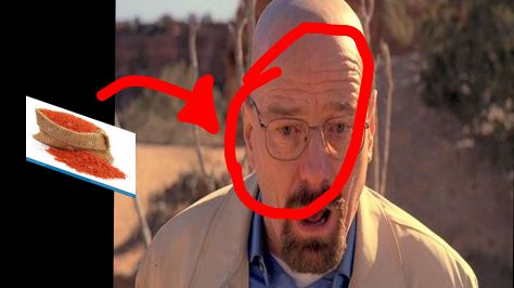 Picture of walter white from breaking bad with a red circle and arrow pointing from a picture of potash