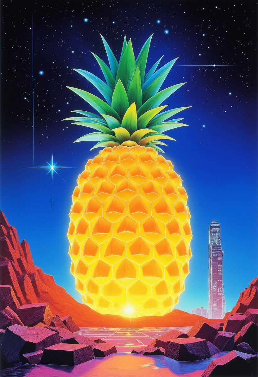 A surreal and retro scene featuring a large, glowing pineapple with vibrant green leaves, set against a starry night sky. The pineapple is above a reflective surface, with rocky, red terrain on either side with a tall, modern skyscraper in the background.