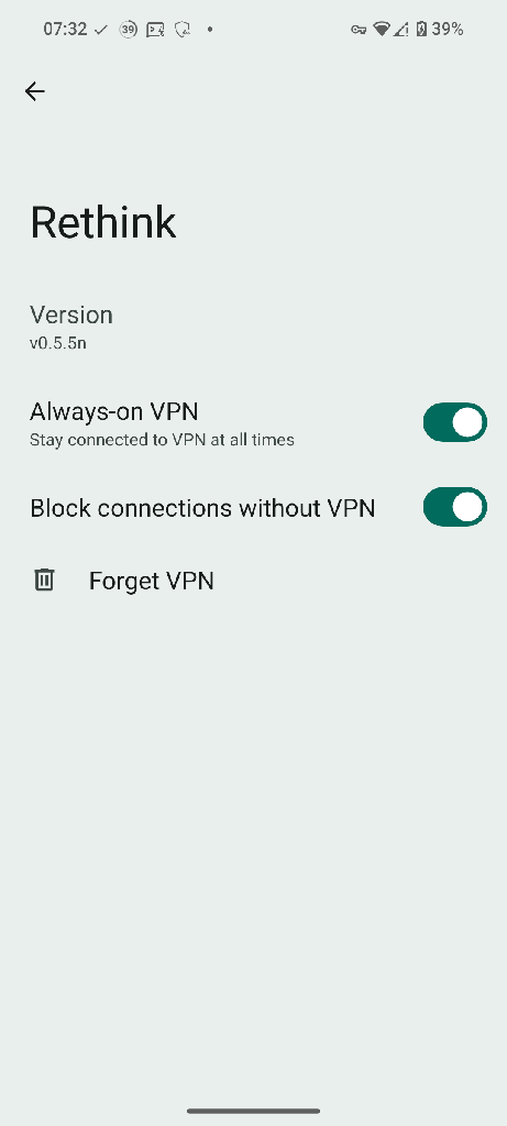 VPN settings on Android for Rethink DNS, showing 2 toggles &quot;Always-on VPN&quot; and &quot;Block connections without VPN&quot;, both enabled