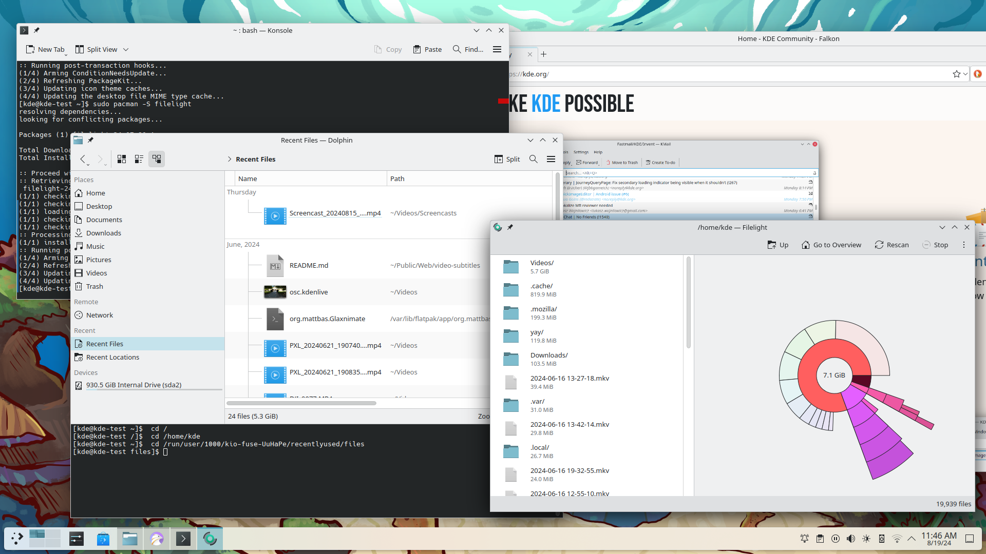 KDE's Plasma desktop showing several apps, clockwise from top left: Konsole terminal emulator, Falkon web browser, Fileflight disk storage monitor, Dolphin file explorar and manager.