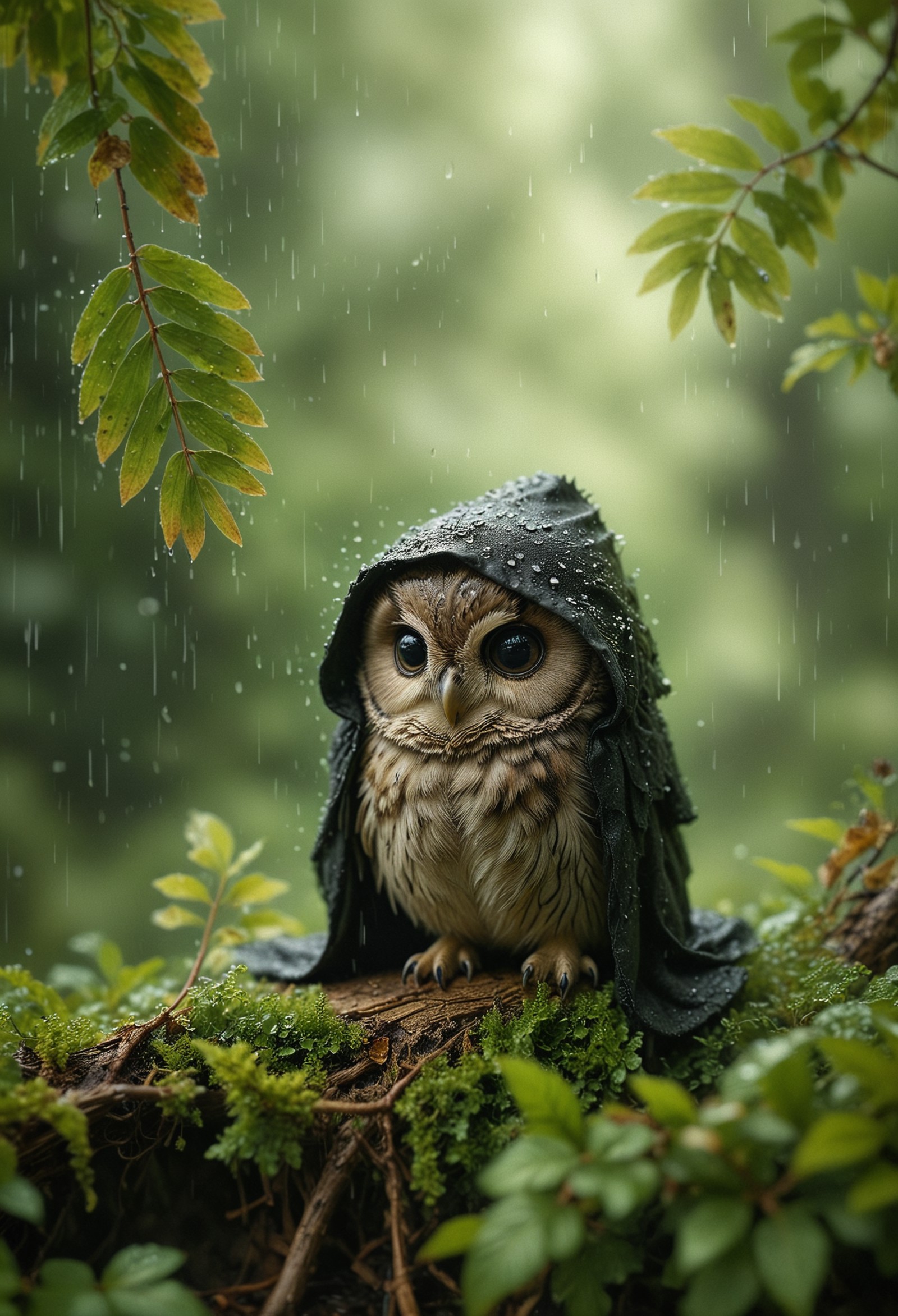 An owl perched on a moss-covered branch in a dense, green forest during rainfall. The owl is cloaked in a black, textured fabric that drapes over its body and head. The cloak has water droplets beaded on its surface due to the rain.