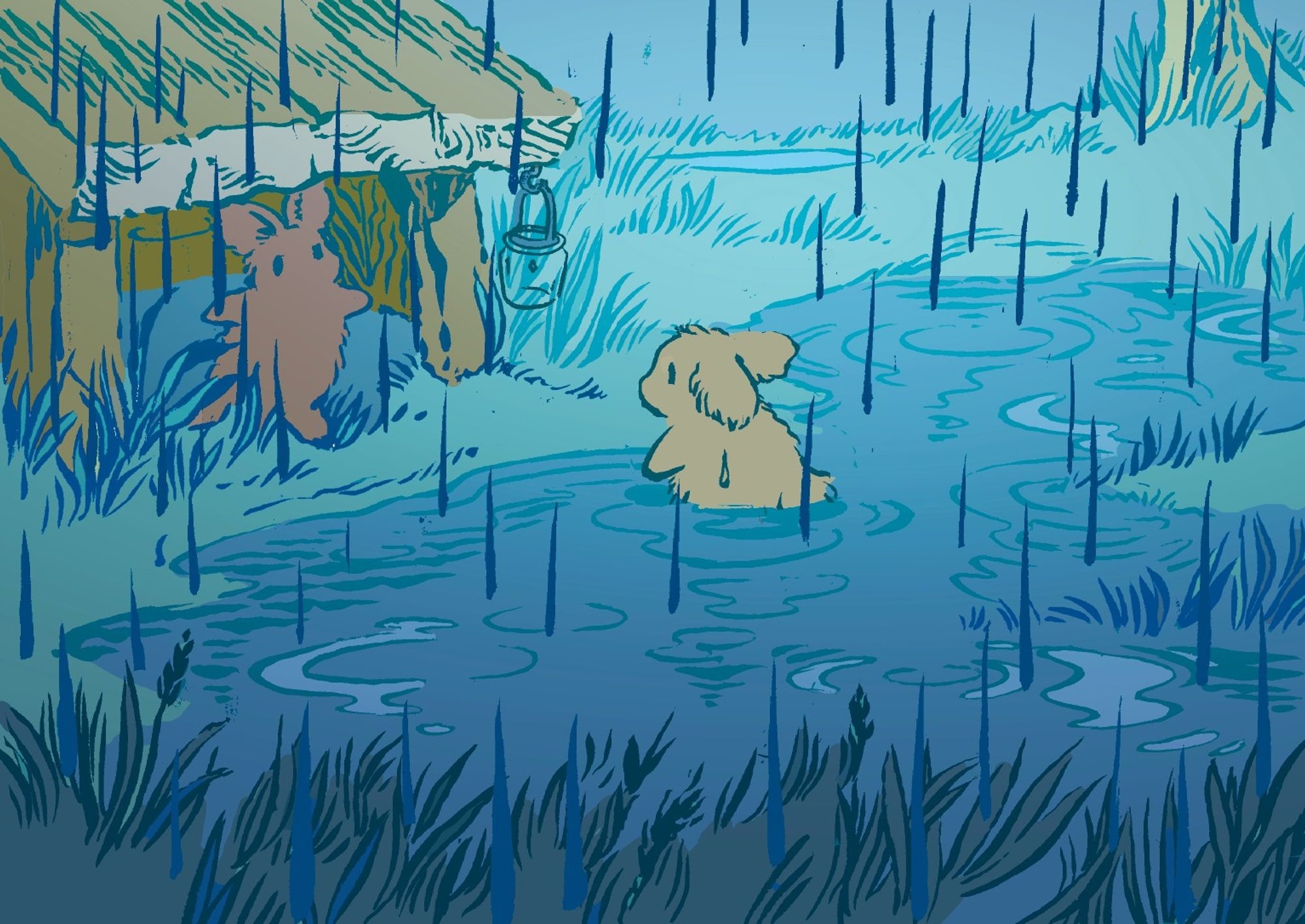 A bunny wades through a big puddle in the rain, soaking wet. They arrive at a small wooden shelter where another bunny welcomes them in.