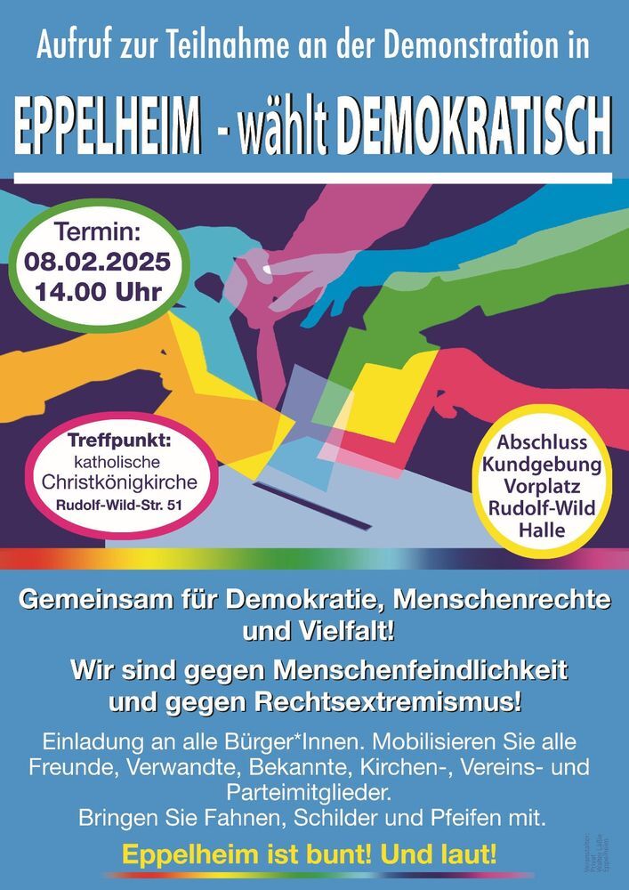 Eppelheim wählt demokratisch!
8.2.2025, 14 Uhr, Treffpunkt Rudolph-Wild-str. 51