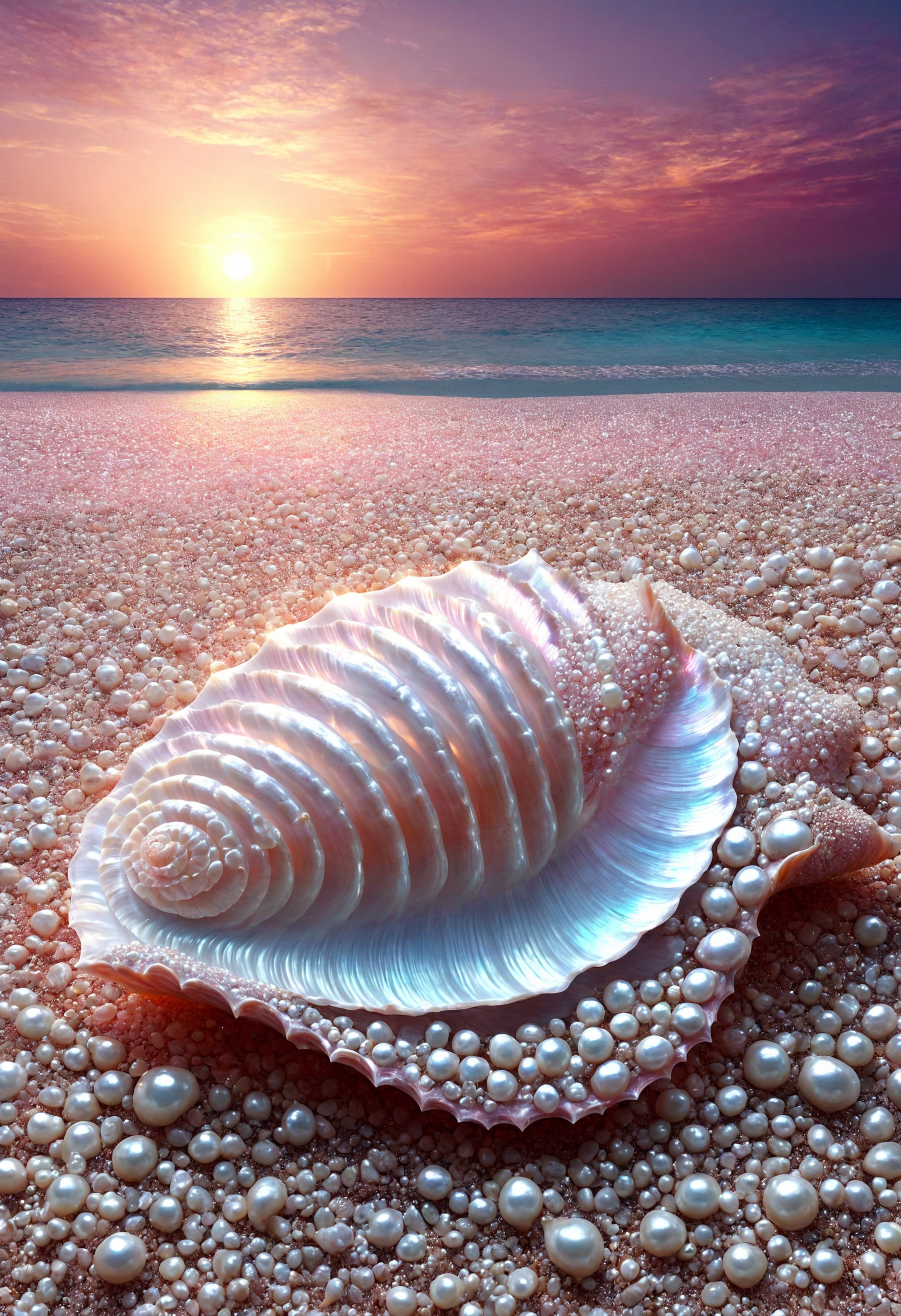 A large, spiraled seashell in the foreground, resting on a beach covered with numerous pearls. In the background, the sun is setting over the ocean horizon, casting vibrant hues of pink, purple, and orange across the sky and reflecting off both the water’s surface and the pearl beach. 