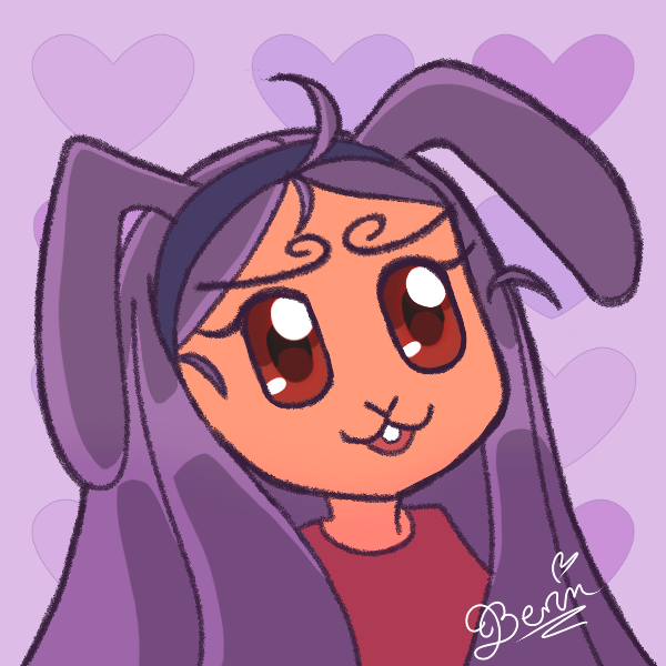 Chibi portrait drawing of my PNGtuber avatar. It's a bunny girl with long straight hair and shiny red bug-eyes, smiling to the side and showing off a single front tooth. Also she had very fancy looping eyebrows, that's important. I've signed the drawing with my name.