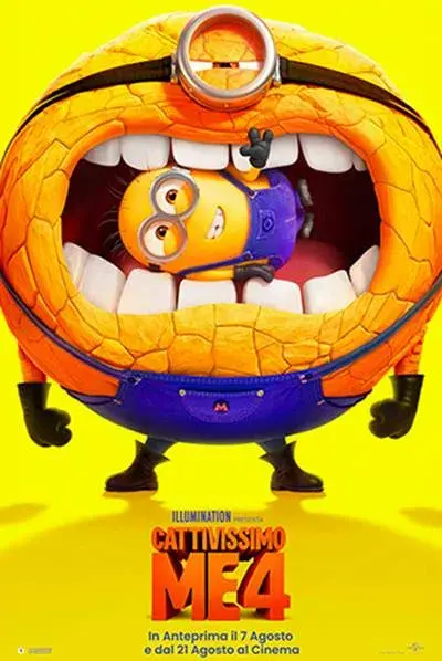 Locandina del film Cattivissimo Me 4 con un gigante Minion che cerca di mangiare un altro Minion