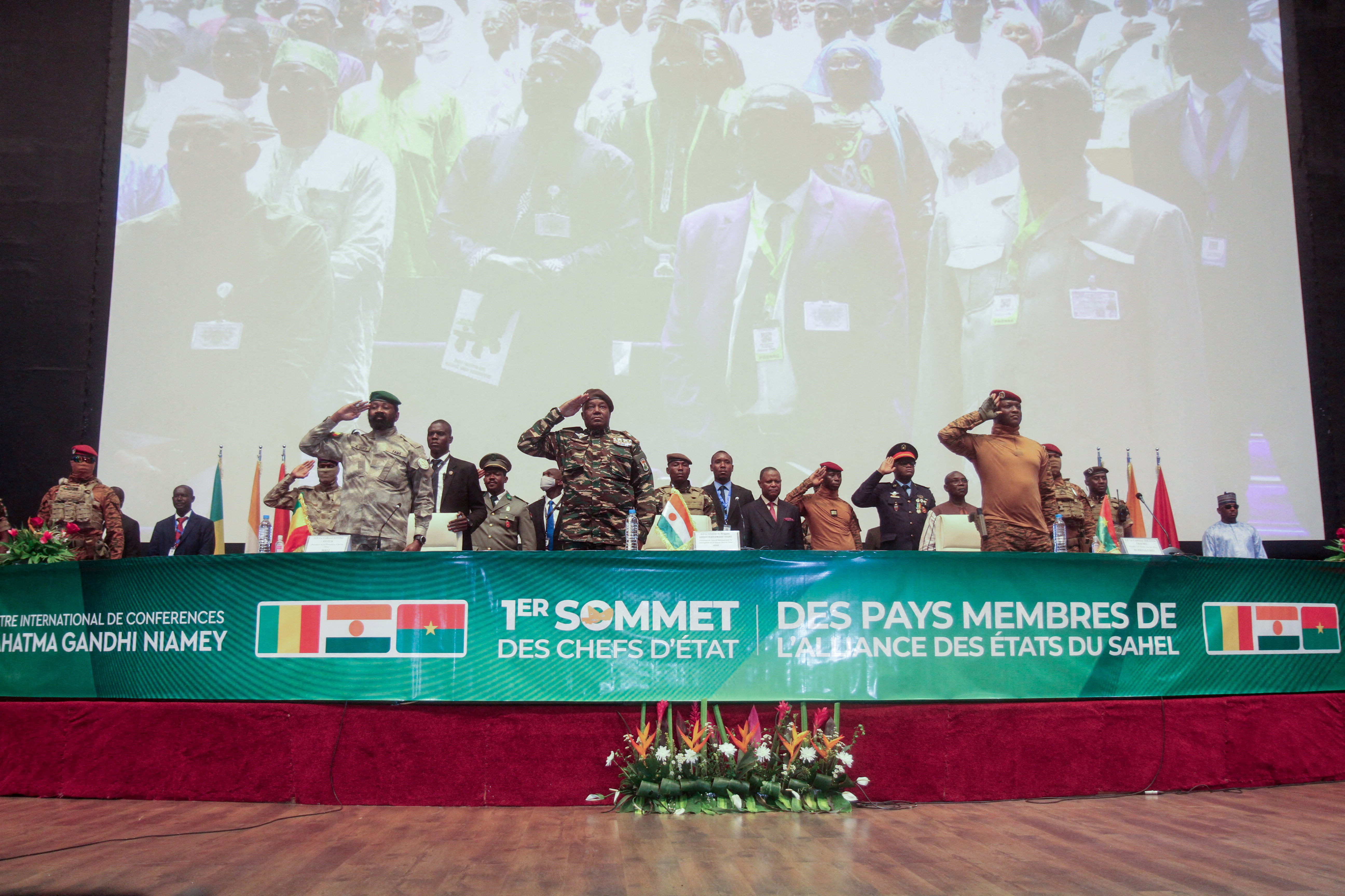 Heads of state of Mali's Assimi Goita, Niger's General Abdourahamane Tiani and Burkina Faso's Captain Ibrahim Traore attend the opening of for the first ordinary summit of heads of state and governments of the Alliance of Sahel States (AES) in Niamey, Niger July 6, 2024.