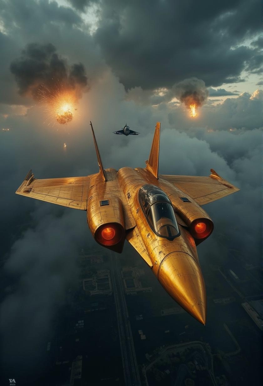 Two fighter jets, A gold-colored one in the foreground and a gray one following behind it. They are flying through a dense layer of dark, stormy clouds illuminated by flak detonations, and the ground below the clouds reveals an urban cityscape.