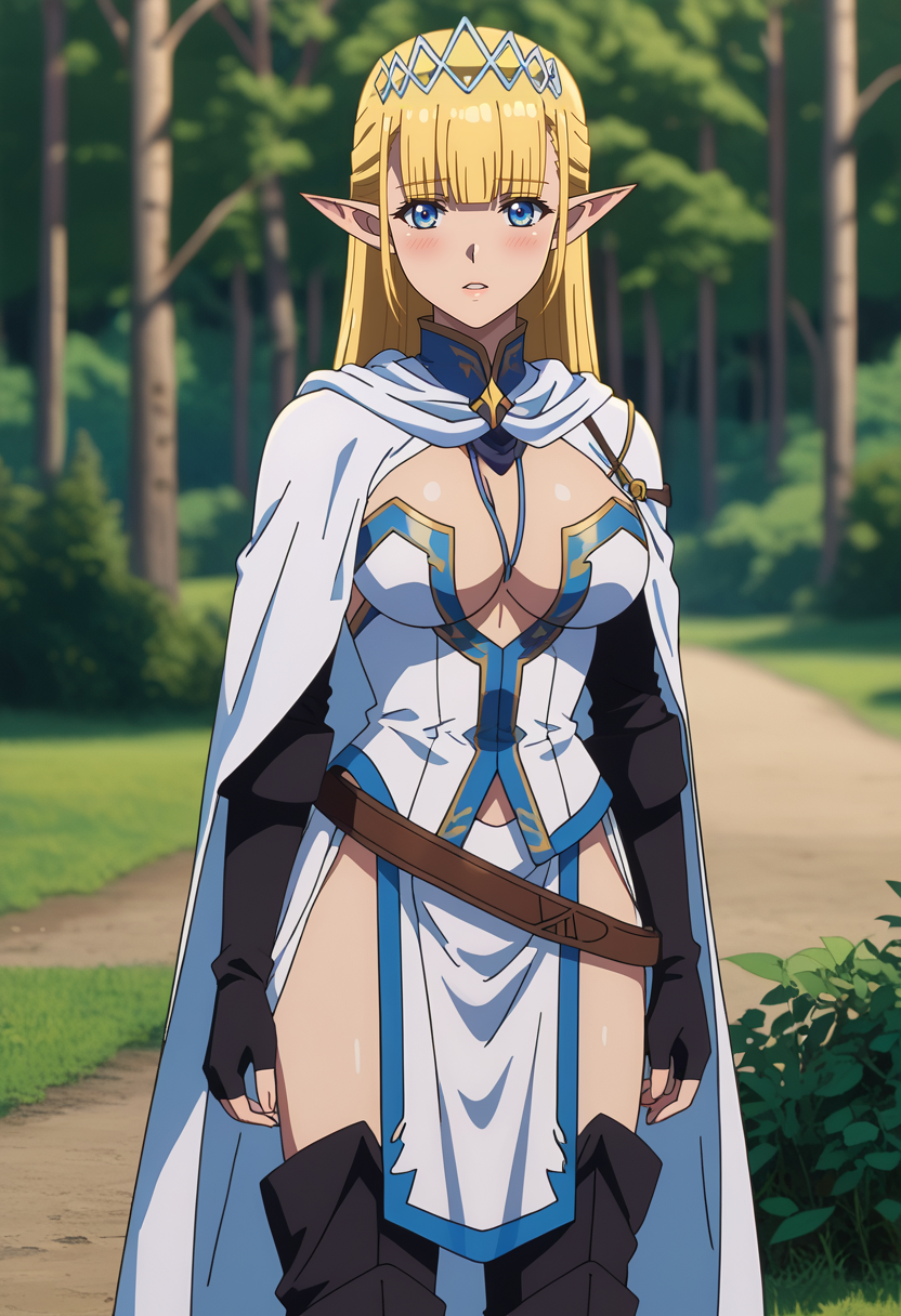 A young woman with elf-like features standing in a forest with a dirt path winding through the greenery. The woman has long, blonde hair with bangs that cover her forehead, blue eyes, and she wears an angular silver tiara. She is dressed in a white, form-fitting fantasy outfit that includes an open-front tunic with blue and gold accents, and a matching high-collared cape. Her outfit is accessorized with black gloves, a brown belt, and she wears thigh-high black boots with gold trim. 