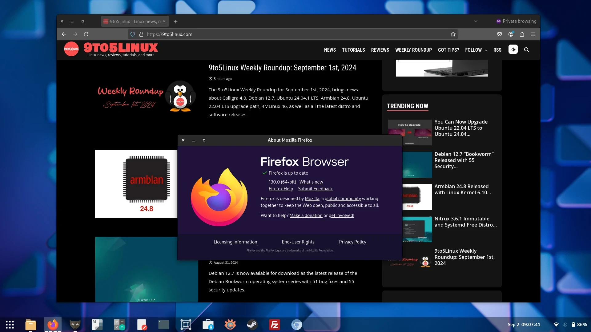 Screenshot of the Mozilla Firefox 130 web browser showing the 9to5linux.com website and the About Mozilla Firefox dialog.