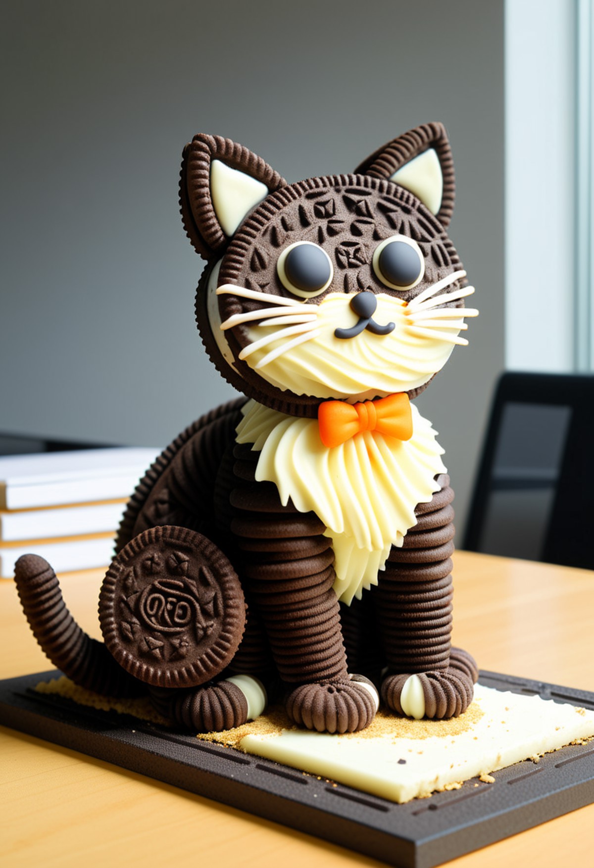 A sculpture of a cat made entirely out of chocolate sandwich cookies. The cat is sitting upright on a flat surface, with its tail curled around one side. 