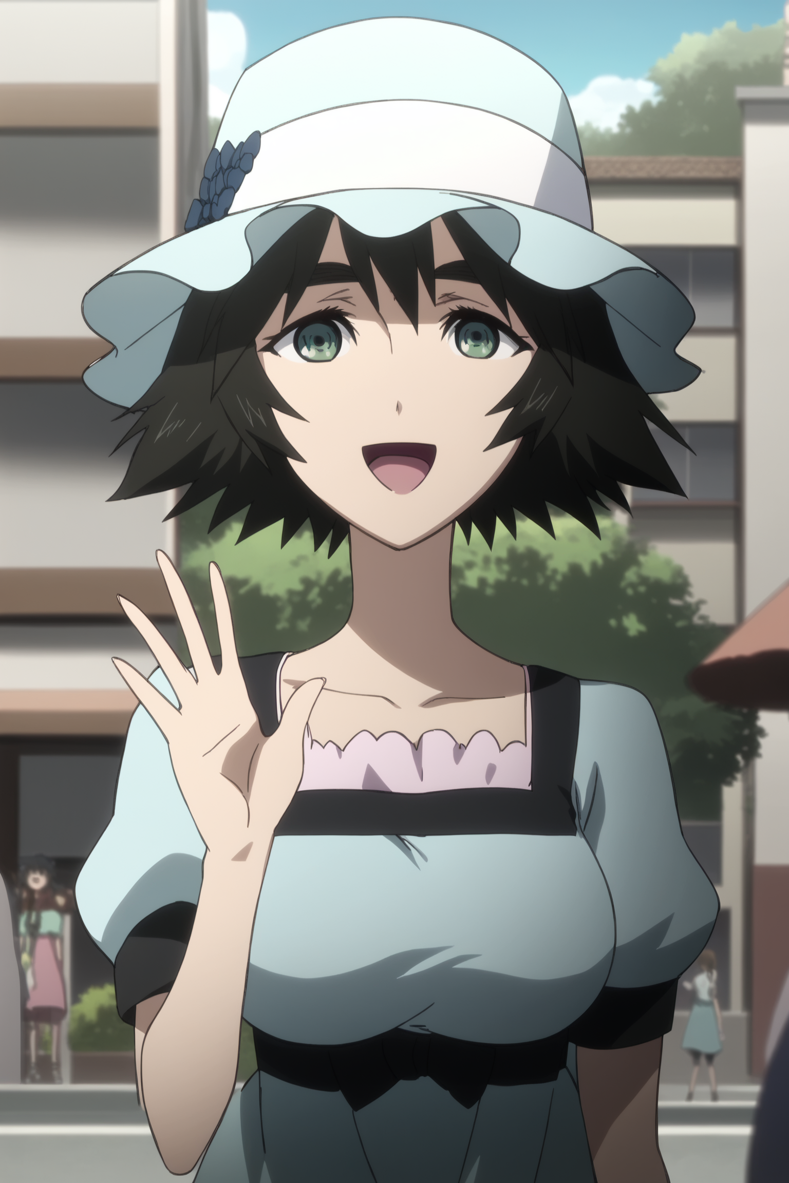 A young woman with short black hair and green eyes, wearing a light blue, short-sleeved dress and a matching hat. She is waving with her right hand. The background features a modern urban setting with multi-story buildings, green trees, and a partially cloudy blue sky. 