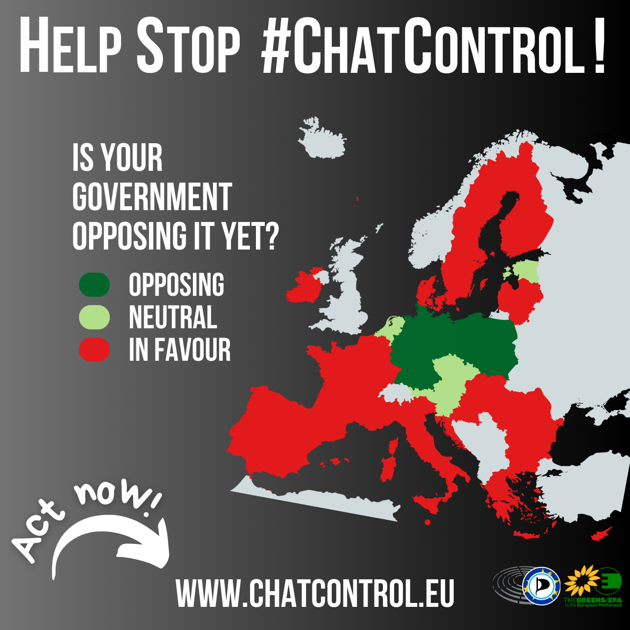 An infographic against chat control showing a map of Europe. Only Germany and Poland oppose the chat control legislation. Take action at www.chatcontrol.eu