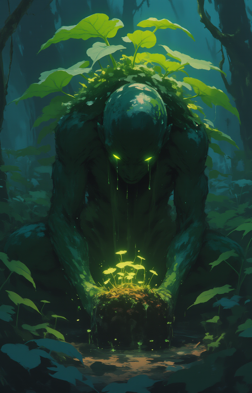 A humanoid figure with glowing green eyes, crouching in a dark, dense forest. The figure's body is covered in moss and plants, with large leaves sprouting from its back. The figure is holding a glowing clump of earth from which small, luminescent mushrooms are growing. The setting is a shadowy forest with a magical, ethereal atmosphere, highlighted by the bioluminescent glow of the mushrooms and the tears falling from the figure's eyes. 